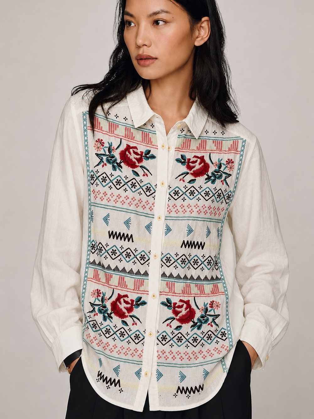 Johnny Was Button-Down Shirt with Red & Teal Embroidery